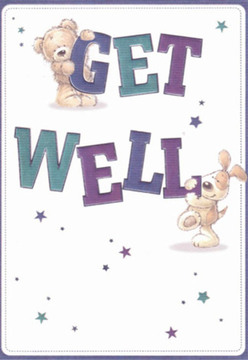 This enchanting get well card immediately evokes a sense of reassurance, its playful artistry reminiscent of the friendly ambiance found in South Norwood's local markets and parks. The design features a cuddly teddy bear perched atop the bold letters spelling 'GET,' his face bright with gentle optimism, while a lively puppy nuzzles 'WELL,' tail wagging in shared excitement. Their rounded forms and soft textures mirror the gestures of real pets offering comfort nearby in South Norwood's family homes. Hues of deep indigo, teal, and vibrant purple bring depth and vibrancy to the message, as scattered stars twinkle across the crisp white background-a visual echo of the first clear sky after a rainy spell on Portland Road. The clean simplicity of the backdrop creates a feeling of clarity and serenity so crucial for someone unwell. Each detail, from the expressive eyes to the animated typography, feels as intentional as the way a South Norwood florist selects the perfect blooms for a recovery bouquet. The scene provides genuine emotional uplift, just as a lovingly handcrafted arrangement might, ensuring that even in trying times, warmth and hope can flourish close to home.