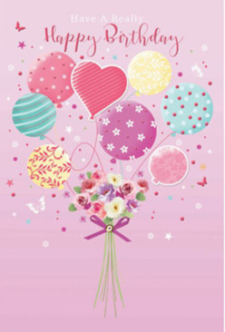 This birthday artwork captures the feeling of walking home through South Norwood with a fresh bouquet and a bunch of balloons, the air full of quiet excitement. A soft pink ground sets a tender stage for an airy composition where pastel balloons seem to lift a small garden skyward in celebration. Each balloon has its own personality: some swirl with candy-coloured stripes, others are scattered with dancing polka dots, while a central heart-shaped balloon radiates warmth in shades of rose, butter yellow, and seafoam green. Their glossy surfaces catch the light the way party balloons gleam in a shop window along Portland Road, giving the impression of movement and lightness. Suspended beneath, a hand-tied bouquet of delicate blooms comes into focus. Creamy ivory roses, blush pink blossoms, and mauve, anemone-like flowers nestle together, their petals soft and feathery, like velvet under gentle fingertips. Faint greenery peeks through, framing the flowers without overpowering them. The stems gather into a graceful bunch, held firmly yet elegantly by a violet satin bow that glints subtly, suggesting the care of an experienced florist's hands. Around the main arrangement, tiny stars, dots, and a few fluttering butterflies add an almost fairy-tale quality, as though the bouquet were being carried through the calm of South Norwood Country Park on a bright spring morning. The entire image feels light, uplifting, and full of affection - a visual birthday wish that blends festive balloons, fresh flowers, and a sense of being thoughtfully remembered. It's less a simple card and more a moment of celebration frozen mid-flight, ready to bring joy to whoever receives it.