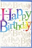 The image shows an exuberant birthday greeting card whose front design feels as festive as a gathering of friends in a South Norwood garden on a sunny day. The centre of the card is dominated by the phrase "Happy Birthday," rendered in large, gently curved letters that look soft to the eye, with colour gradients that sweep across the rainbow. One letter may begin in a rich cranberry red and fade into blushing pink, while the next starts in a regal violet, sliding into peacock blue, then into bright turquoise and fresh lime, finishing in mellow yellow and soft apricot, creating a seamless flow of hues that resemble a cluster of colourful party balloons. These letters seem subtly embossed or airbrushed, with shading that suggests rounded edges and a slightly raised surface. Sprinkled around them are small, playful stars and dots in vivid tones-electric blue, hot pink, lemon, and warm orange-that mimic scatterings of confetti on a birthday table. The background is a gentle pale tone washed with delicate, repeating cursive script that reads "Happy Birthday to you" from top to bottom. This fine writing appears in shimmering gold and silvery ink, with a foil-like gleam that catches the light the way shopfront signs glint along South Norwood's busy streets. The interplay between the bold, rainbow headline and the refined metallic script gives the card a sense of both joy and elegance, the kind of design you might choose when you want your birthday wishes to feel extra special, whether tucked beside a bouquet delivered locally or handed over in person with a warm smile.